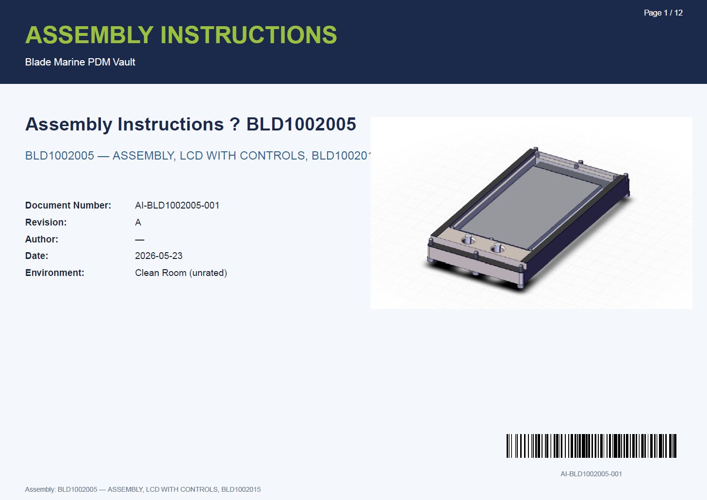 The cover sheet: document number, revision, date, environment and a barcode for the floor.