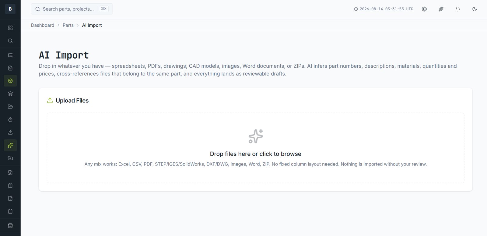 AI Import. Anything you already have goes in; everything lands as a draft for review.