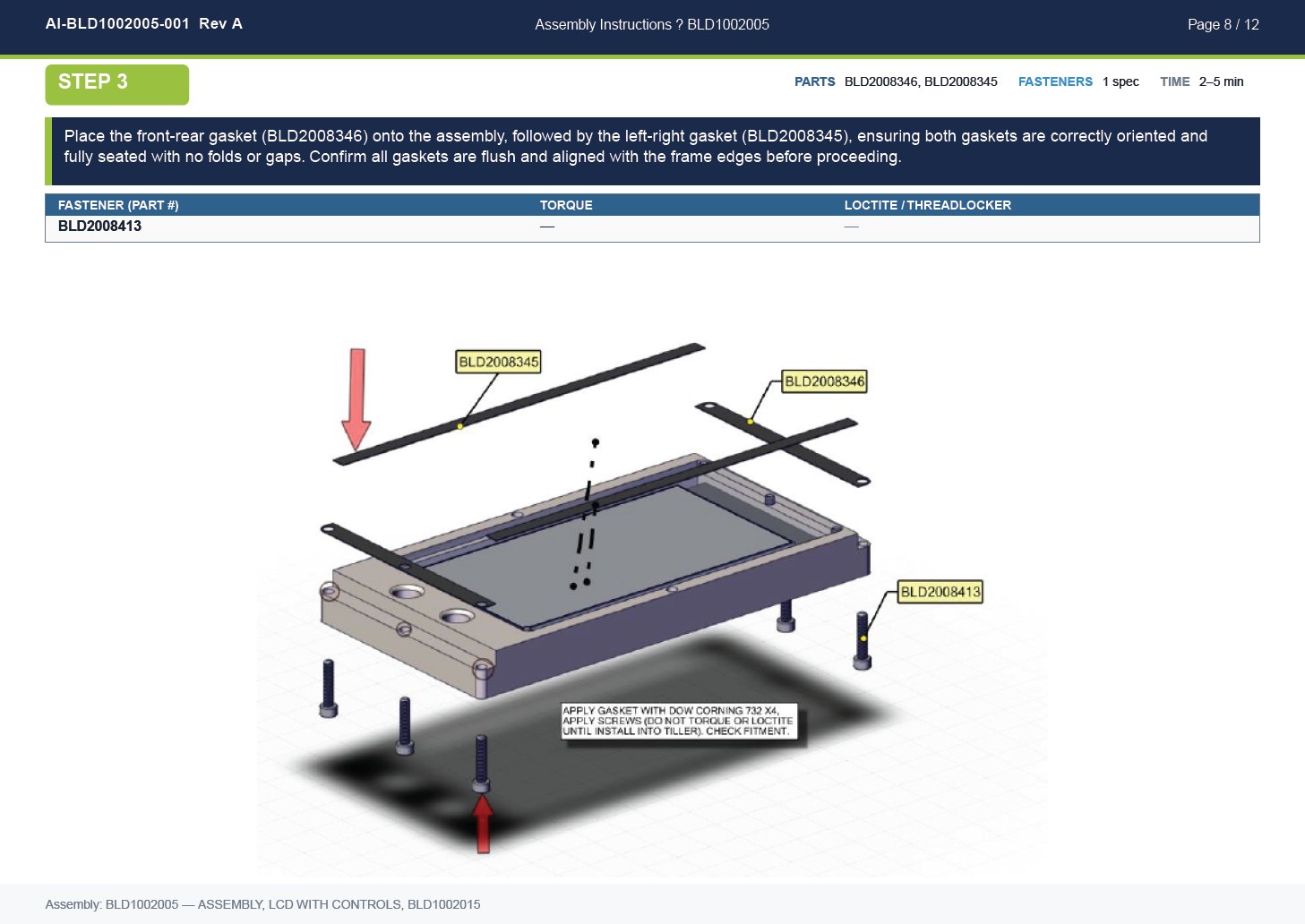 A published step: parts, fastener spec, time and an exploded view with callouts.