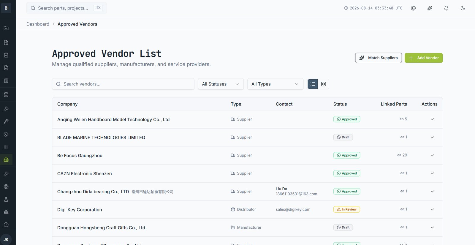 The approved vendor list, with status and the count of linked parts.