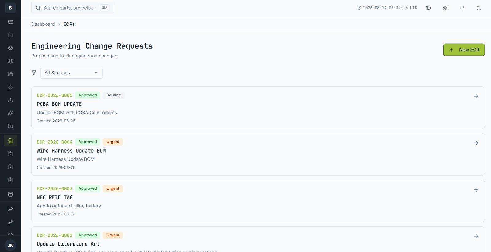 Change requests with status and classification. Urgent items are flagged.