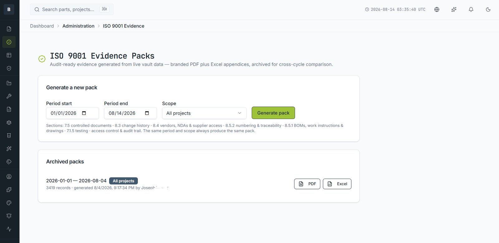 Generating an evidence pack for a period and scope.