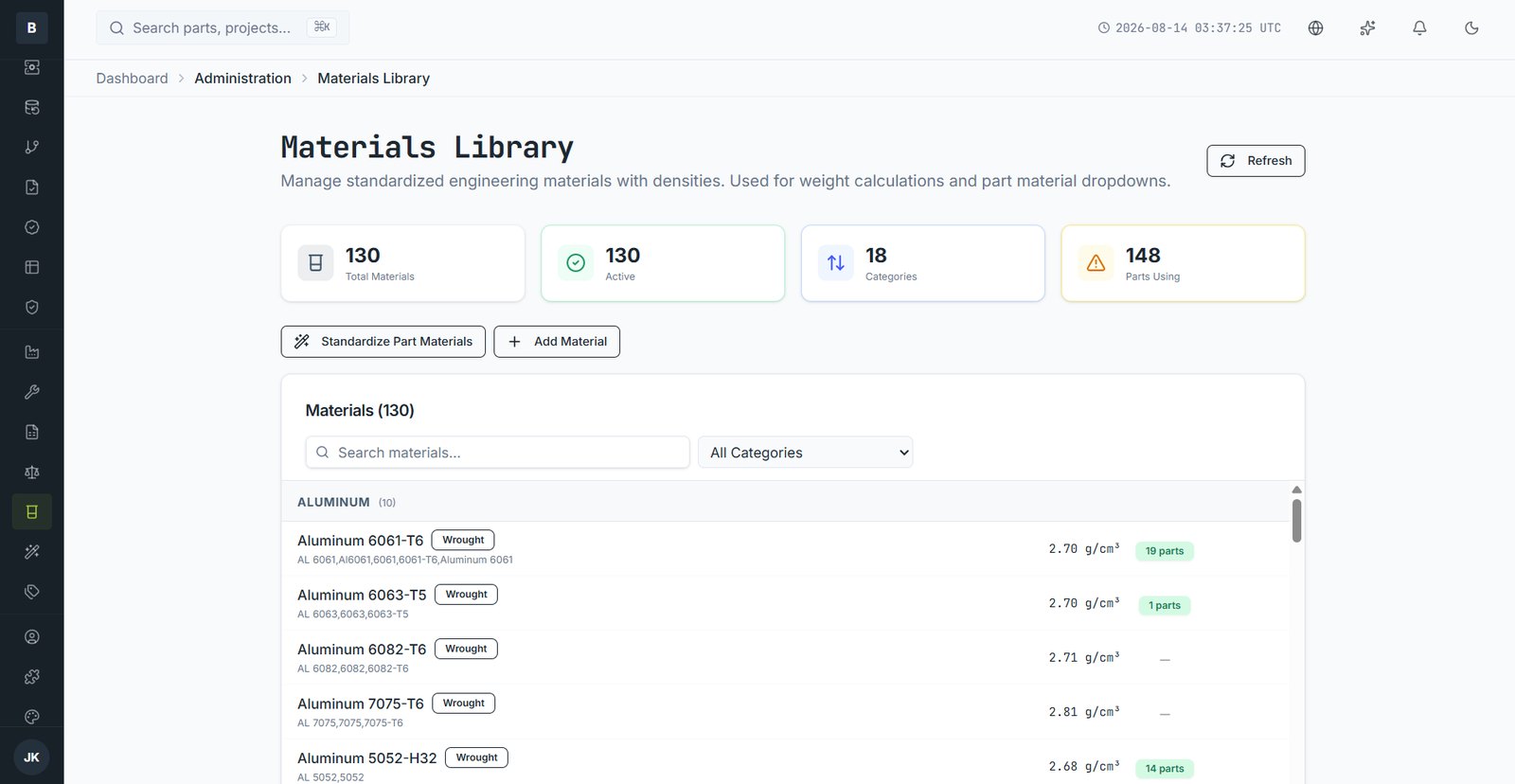 The materials library. Densities here drive every weight calculation in the vault.