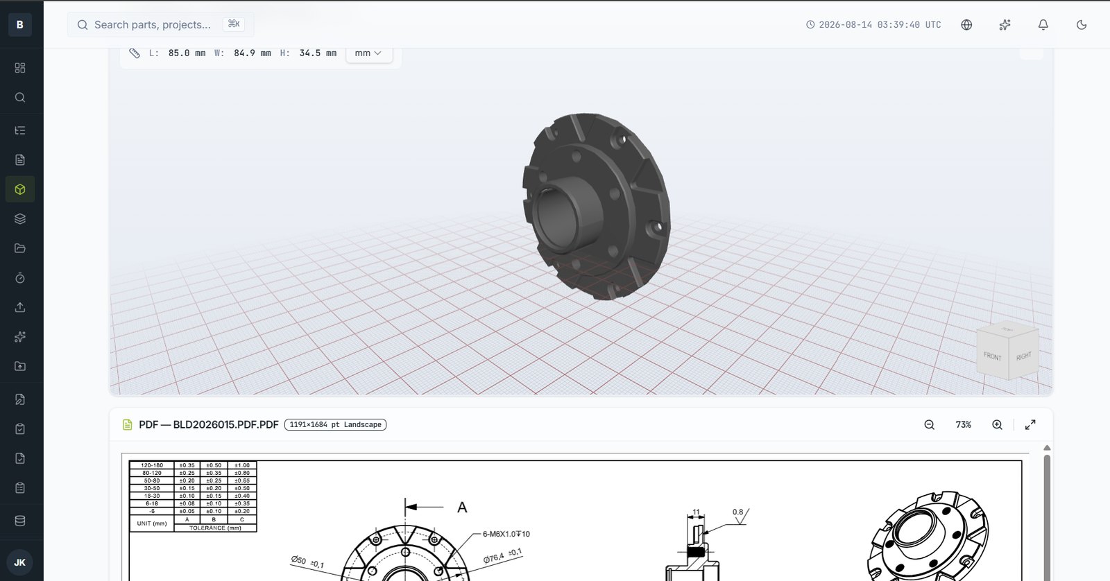 Model above, toleranced drawing below — both on one screen.