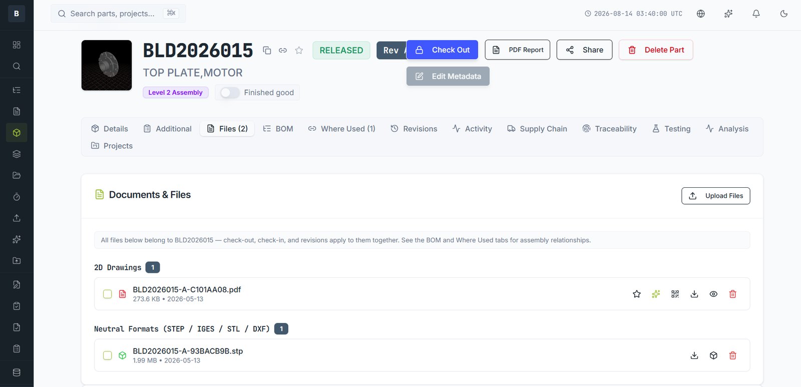 Files grouped by type. Check-out, check-in and revisions apply to all of them at once.