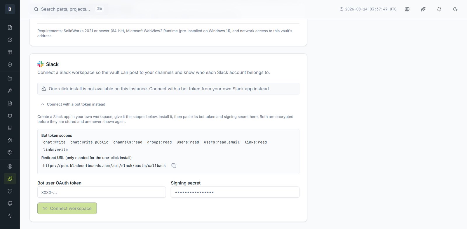 Connecting a Slack workspace. Routing is configured per event.