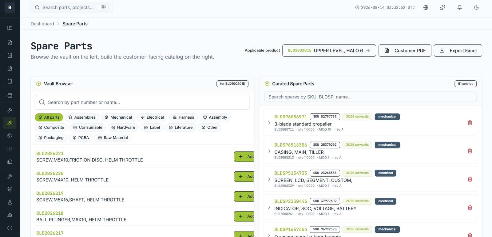 Vault on the left, curated customer-facing catalogue on the right.