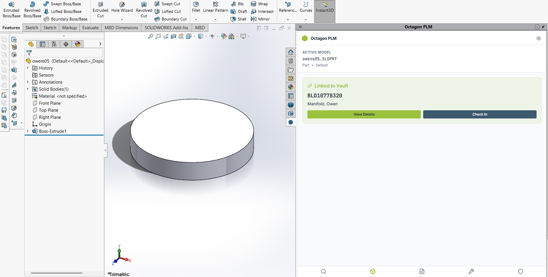 The Octagon panel docked in the SolidWorks task pane, showing the active document.