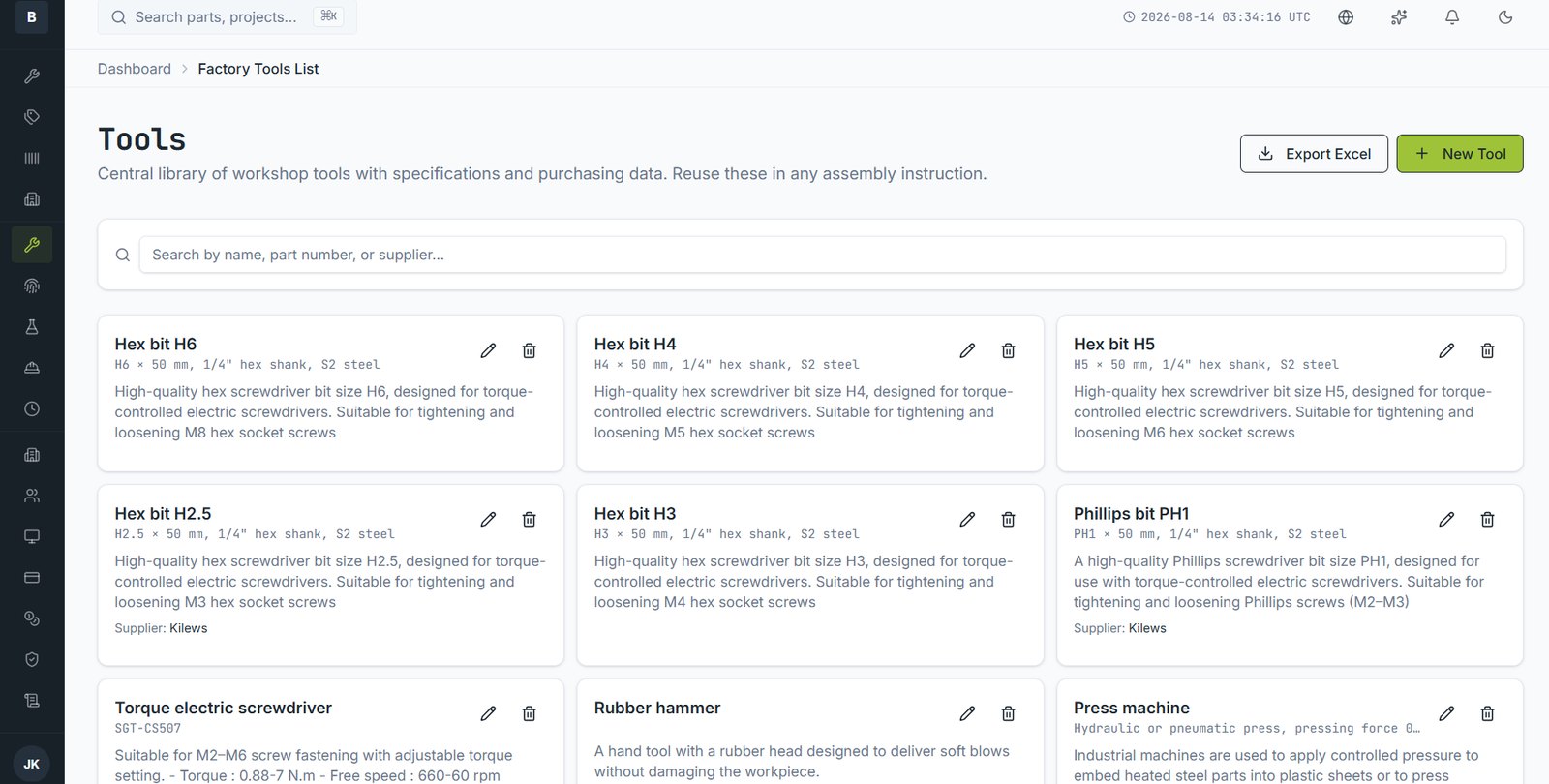 The tools library. Specifications and purchasing data, reusable across instructions.