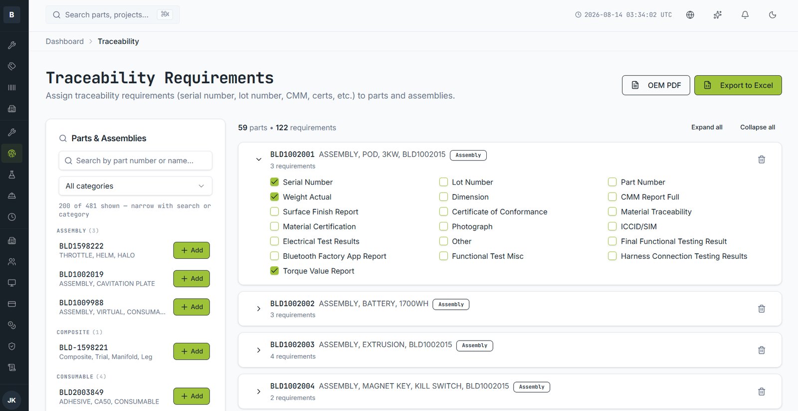 Traceability requirements assigned per part and rolled up across the assembly.